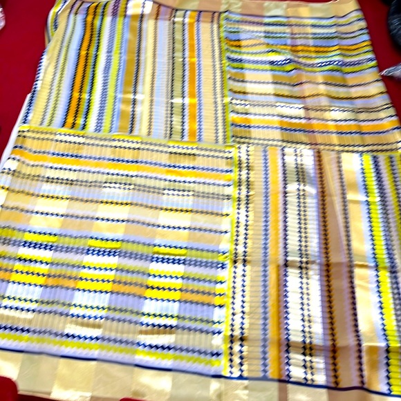 Vintage yellow white silky Big square scarf zig zag 70s print Mod, retro 39x39” - Picture 4 of 11